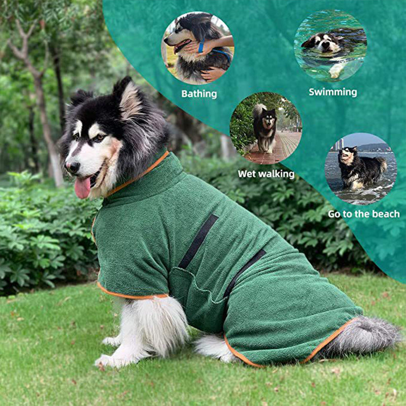 Dog wearing drying coat after a bath