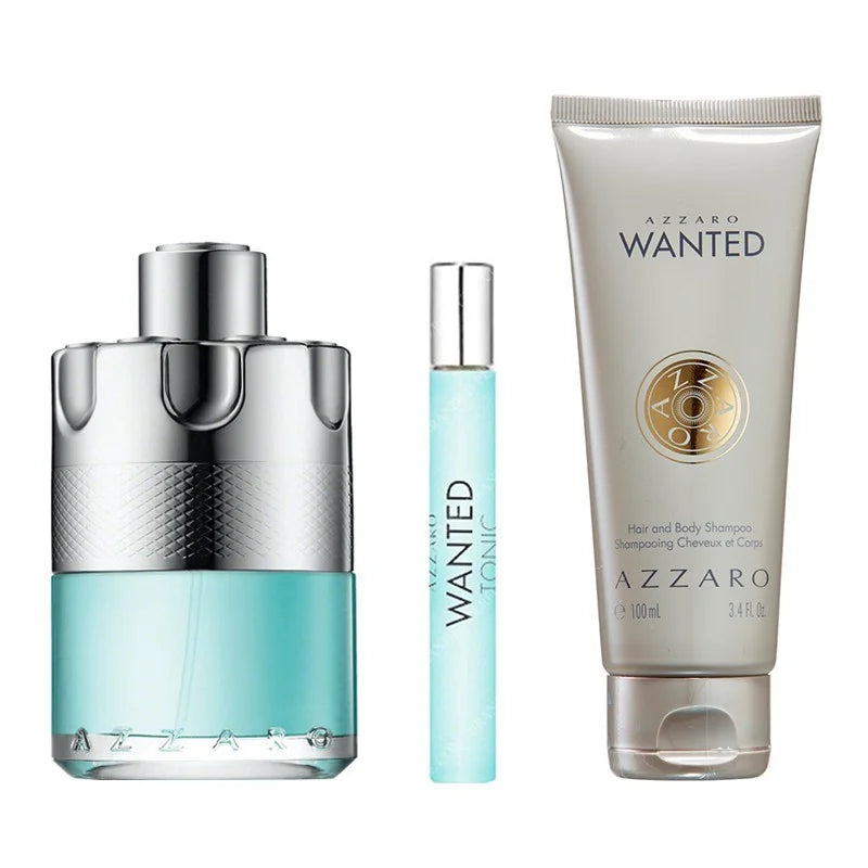 Azzaro Wanted Tonic Eau de Toilette 100ml gift set with sample and shampoo