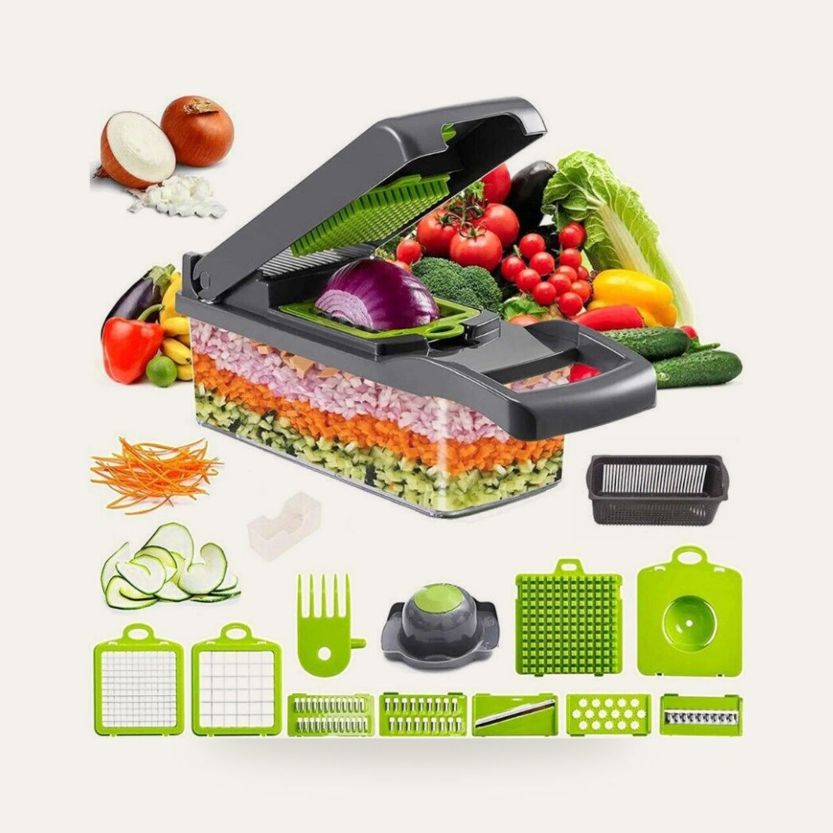 16-in-1 Multifunction Vegetable Chopper & Slicer on a plain studio background