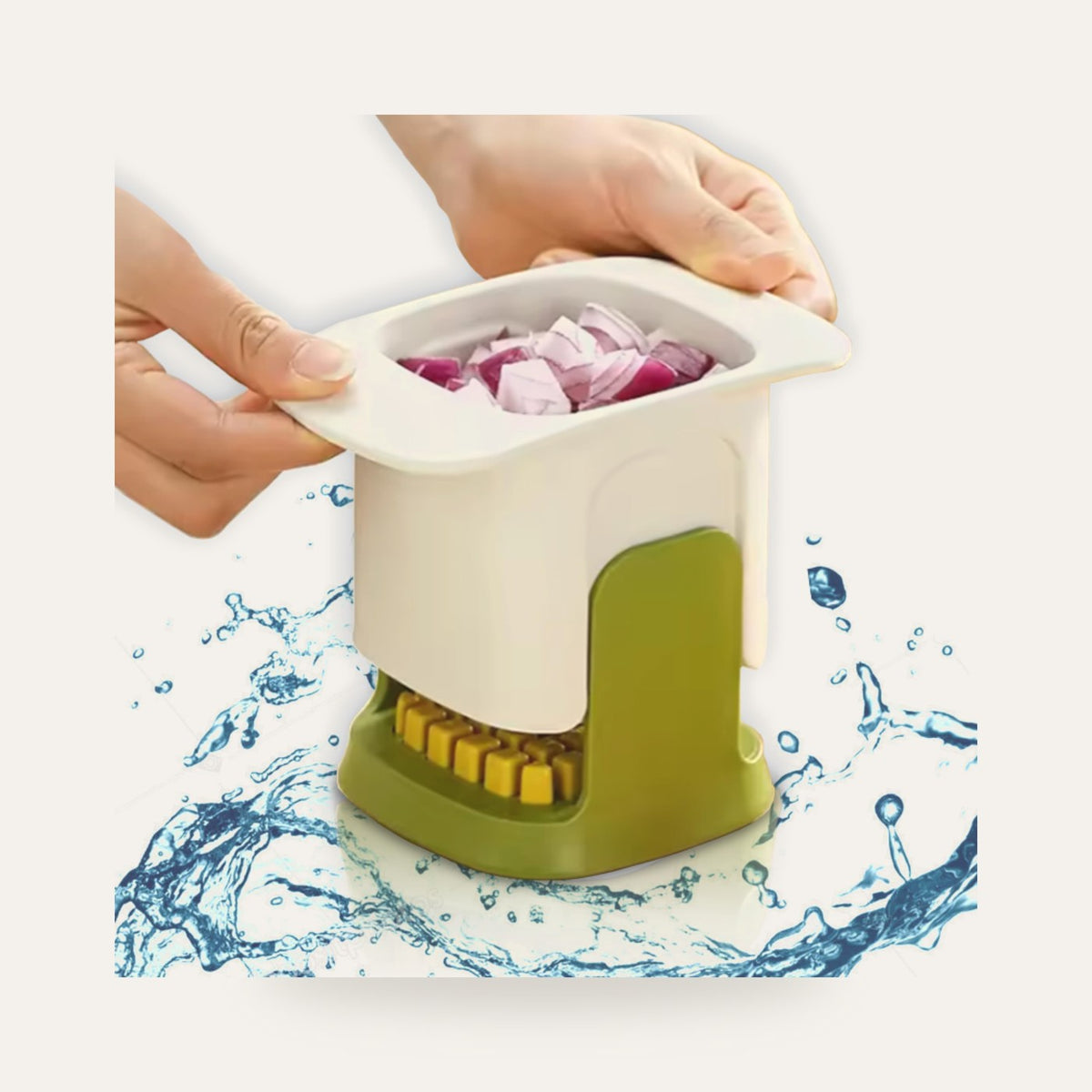 Fruit and veggie cup slicer in use on a plain studio background