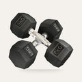 Pair of 6kg rubber hex dumbbells on a plain studio background