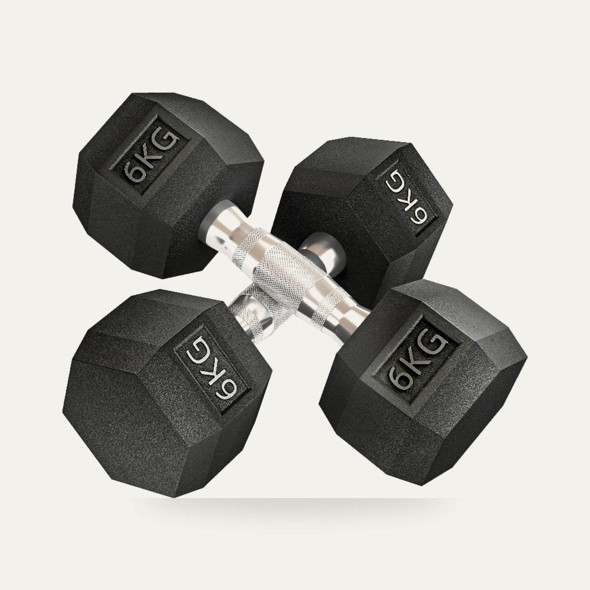 Pair of 6kg rubber hex dumbbells on a plain studio background