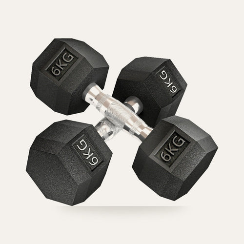 Pair of 6kg rubber hex dumbbells on a plain studio background