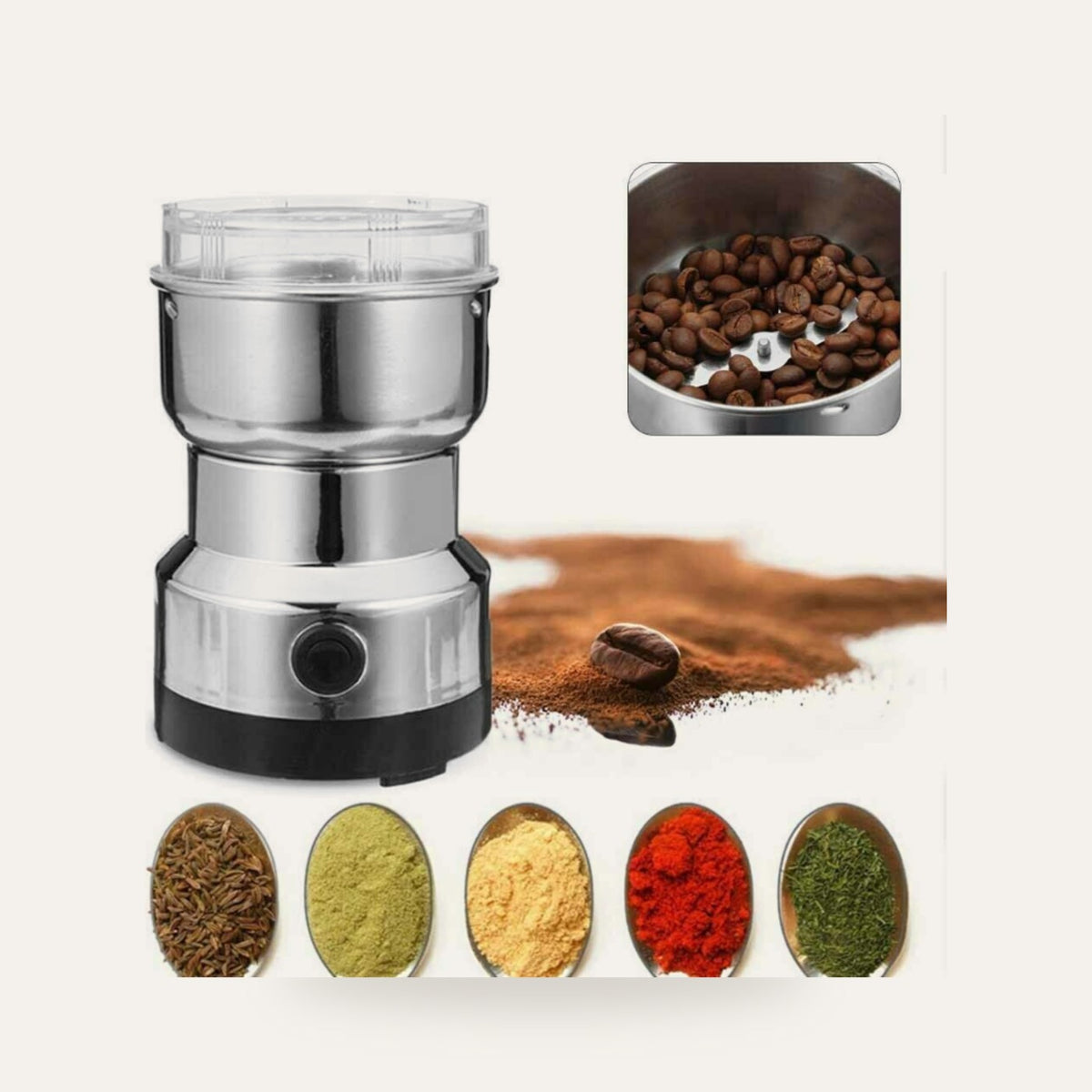 Electric coffee and spice grinder on a plain studio background