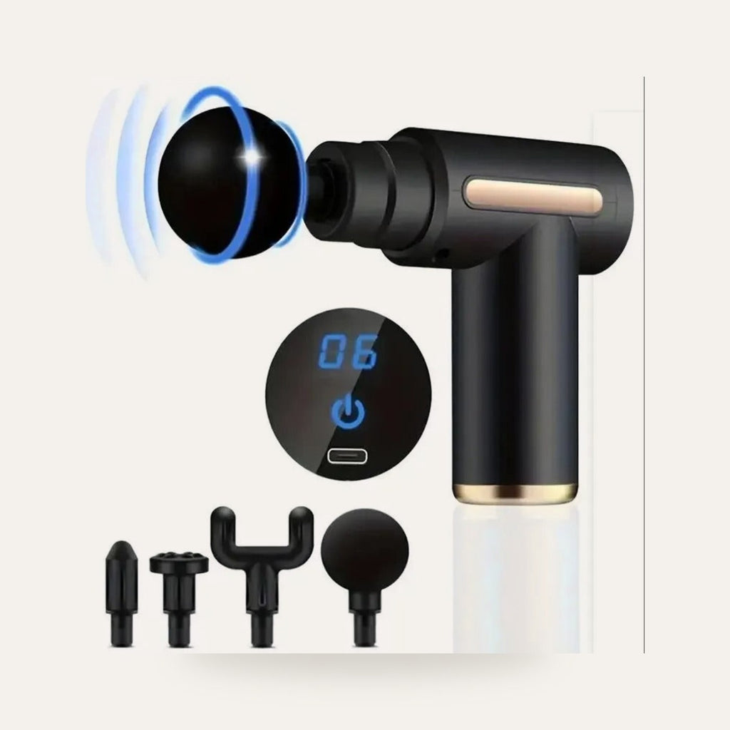 Deep tissue percussion massage gun with attachment heads on a plain studio background