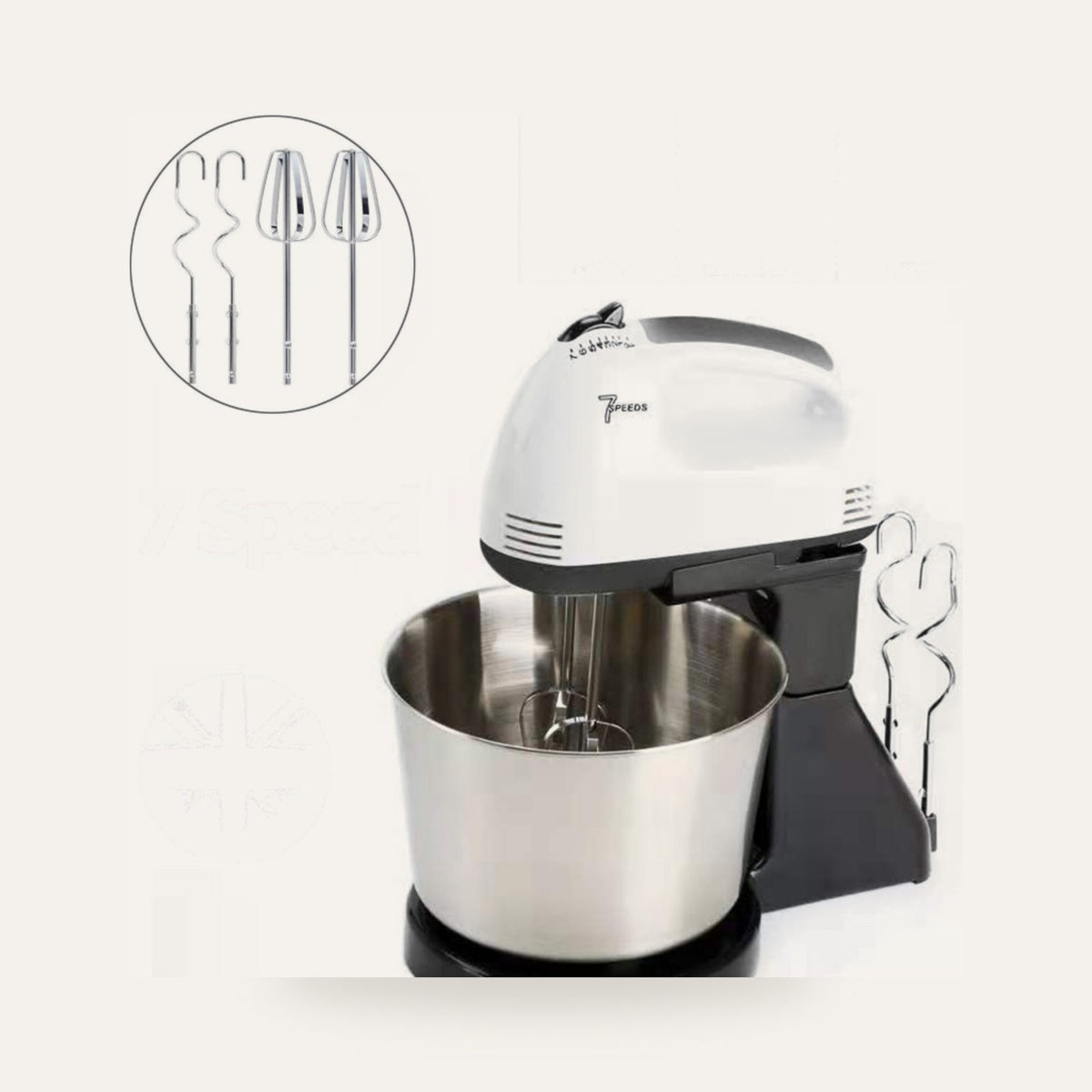 7-speed electric stand mixer with stainless steel bowl on a plain studio background