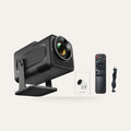 HY320 mini projector with remote control and cable on a plain studio background