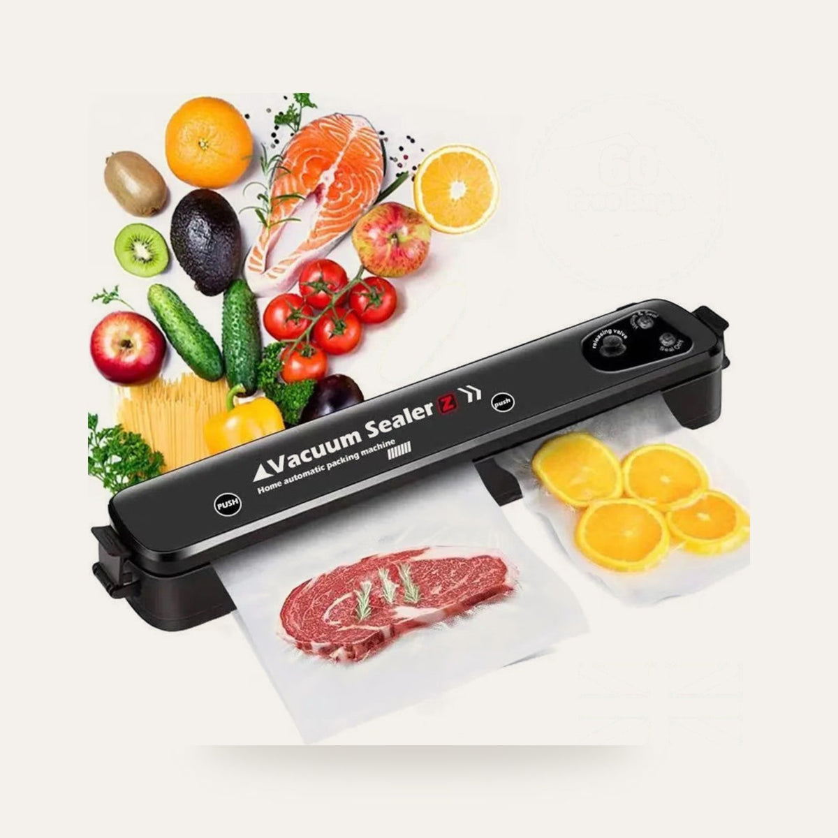 Automatic vacuum food sealer with sealed food bags on a plain studio background